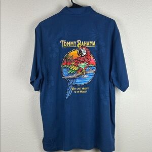 Tommy Bahama Navy Silk Parrot Happy Hour Graphic Button Down Shirt, M